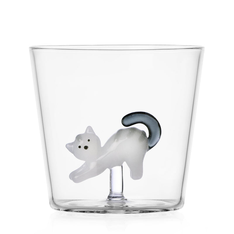 Glas mit Katze weiß m. grauem Schwanz