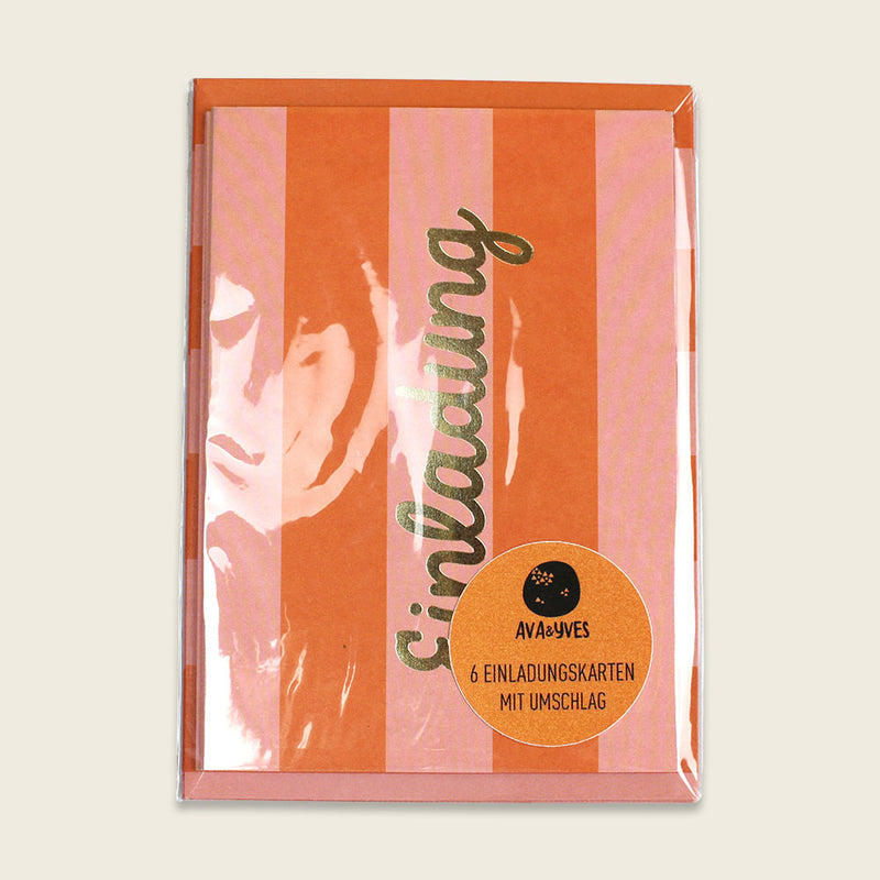 Einladungskarten-Set mit Goldfolie – Stripes orange/rosa